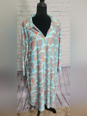 Buckhead Betties Aqua and Coral Patterned V-Neck Dress XXL